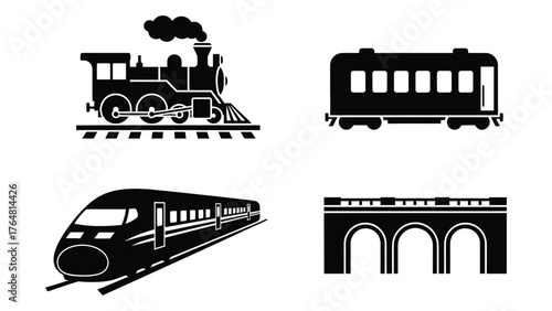 Vintage steam train and modern high-speed train icons with train carriage and bridge silhouette