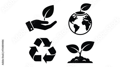 Nature conservation icons set showing growth earth recycling and hands holding saplings silhouette