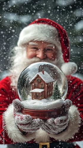 Santa Claus Holding a Snow Globe with a Cozy Cabin Inside During a Snowy Winter Scene