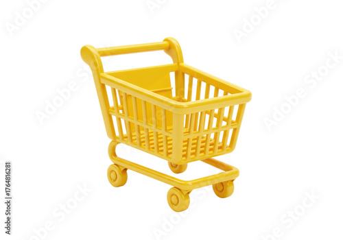 Yellow miniature shopping cart isolated, small toy trolley for retail and online shopping concept PNG
