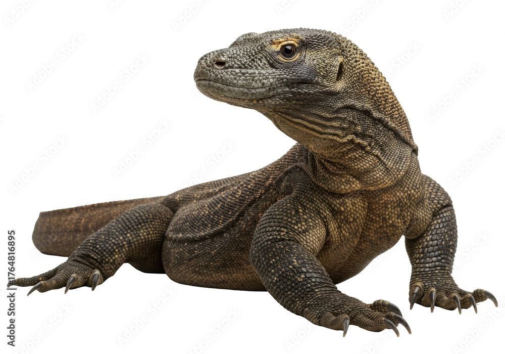 Obraz premium Komodo dragon PNG isolated on transparent background, large lizard with scales and claws for wildlife and nature projects