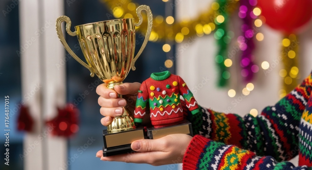 Naklejka premium Ugly sweater day celebration with trophy and festive sweater design for holiday event decor