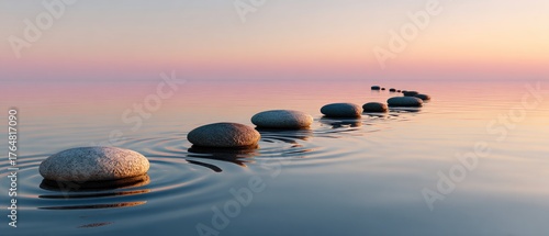 Calm stones in serene water at sunrise