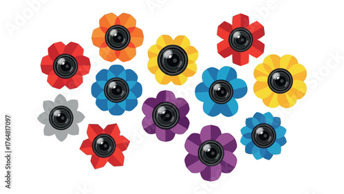 Flower-Shaped Camera Lenses: Vibrant, multi-colored camera lenses in the shape of flowers showcase modern technology. This playful composition captures the intersection of art and innovation.