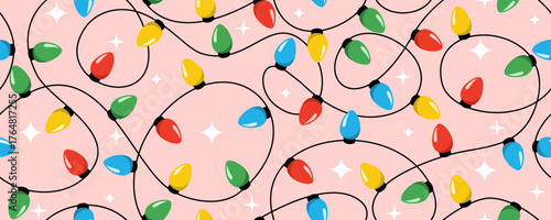 Christmas lights on red background for banner 