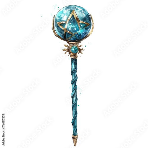 watercolor vector of Wizard Staff Charm, isolated on a white background.