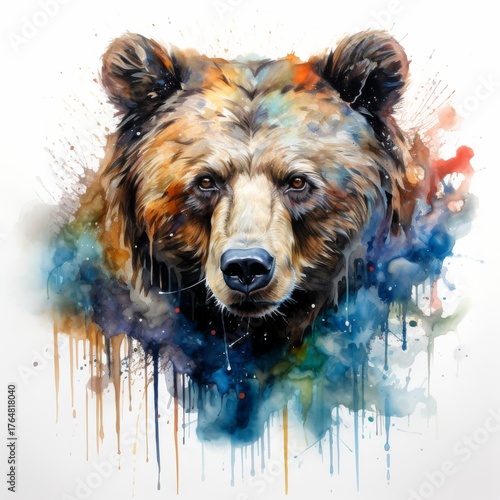 Watercolor Brown Bear Portrait. Cruel Wild Realistic Mascot Animal Art. Greeting Card or Invitation Decoration Element. 