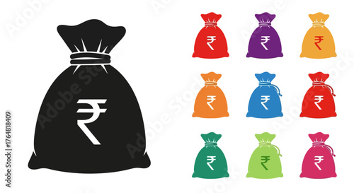 Colorful depictions of money bags with the indian rupee symbol displayed