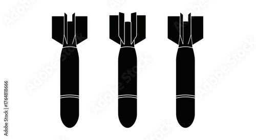 Three black silhouette bombs aligned in a row simple graphic design