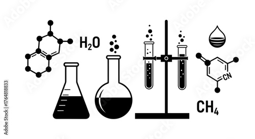 Chemical compounds and laboratory glassware illustration in a black and white design
