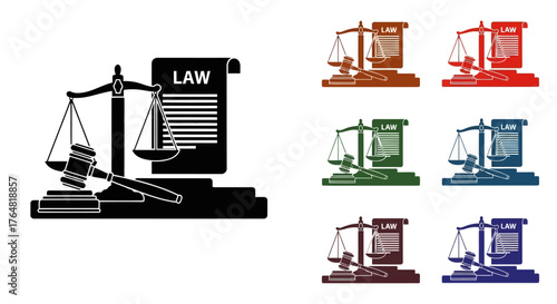 Scales of justice with gavel and law scroll in multiple colors