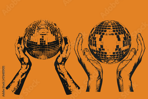 Halftone collage disco ball vector illustration with dotted stipple effect. Set of trendy modern retro elements with grainy dirty photocopy texture isolated on transparent background