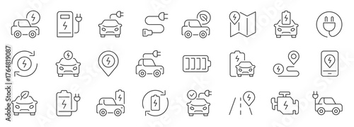 Electric car thin line icons set. Car charging icon. Editable stroke. Vector