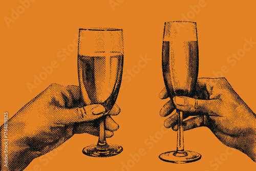 halftone collage hands holding cups and mugs of hot coffee or tea vector illustration. Modern retro design for mixed media design