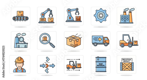 Colorful Vector Icons Depicting Various Aspects of Industrial Manufacturing and Logistics Processes.