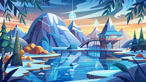 . Very beautiful eco-inspired winter wonderland showing reflective ice patterns on a frozen lake surface, capturing nature’s candid artistry and environmental harmony in cold serenity.
