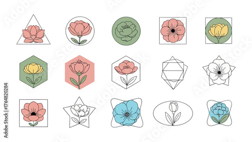 Floral Geometric Arrangement: A collection of exquisite floral designs, each delicately encased in a unique geometric frame.