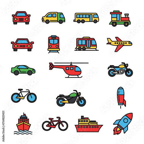 Colorful Vector Illustrations of Various Transportation Vehicles with Outlines and Details.