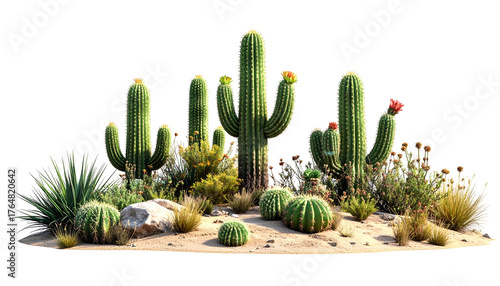 Array of cacti and other desert plants with blooming flowers, set on sandy ground