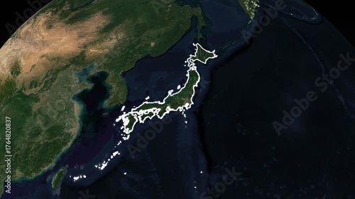 Satellite view of Japan map with outlines on dark background  