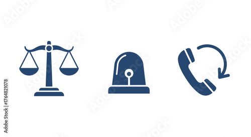 Dark Blue Silhouette Icons - Justice Scales, Emergency Siren, and Phone Call Symbol.