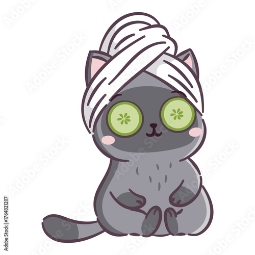 A cute cat sits with a towel on its head and cucumber slices on its eyes, spa and relaxation. A cute flat vector illustration on a white background. Vector illustration