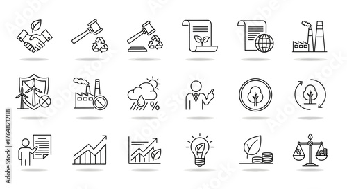 Detailed Line Art Icons for Environmental Sustainability and Green Energy Solutions.