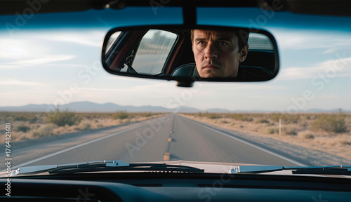 Cinematic shot of a pensive man in a rearview mirror, driving on an empty desert road. Represents a lonely journey, looking back, introspection, or escape. Ideal for a thriller poster