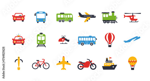 Diverse Collection of Colorful Flat Design Transportation Icons.