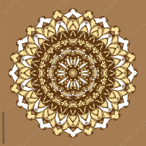 A complex mandala with an original hand-drawn ornament in a brown and beige color palette. Vector illustration