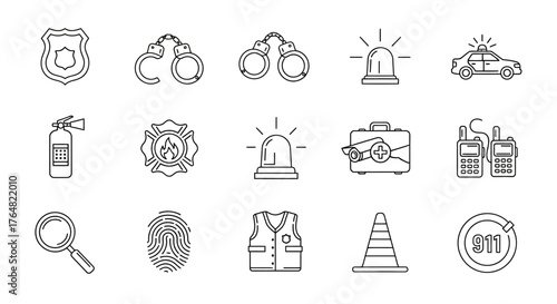 Hand-drawn Line Art Icons of Emergency Services and Law Enforcement Equipment.