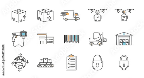 Hand-drawn logistics and delivery icon set featuring a truck, drone, warehouse, and shipping symbols in a sketch style.