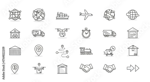 Hand-drawn sketch style line art icon set for logistics, global shipping, and delivery services.