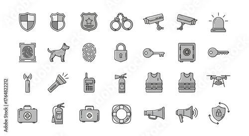 Hand-drawn security and safety icons collection, featuring various protection symbols.