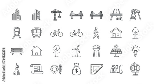 Hand-drawn Urban Infrastructure and Environment Doodle Icons Set.