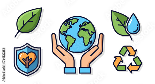 Hands Gently Holding Planet Earth Surrounded by Environmental Icons.