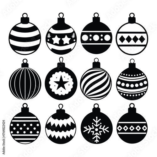 Collection of twenty classic christmas bauble icons in a clean black silhouette style for festive design projects