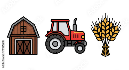 Illustrated farm icon set featuring a rustic wooden barn, a red agricultural tractor, and a tied sheaf of golden wheat.