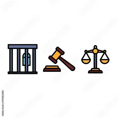 Justice Icons - Jail Cell, Gavel, and Scales of Justice in a Flat Design.