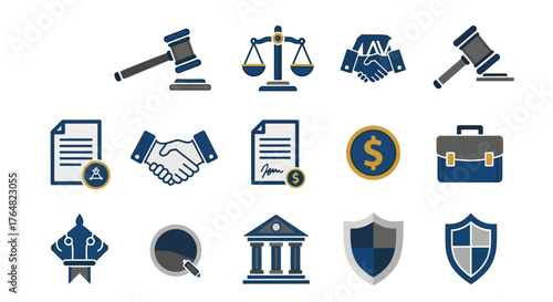 Law and Justice Icon Set - Gavel, Scales, Handshake, Documents, and Shield.