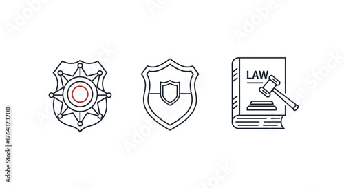 Law Enforcement Icons - Sheriff Badge, Shield, Law Book and Gavel.
