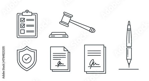 Legal and Business Icons - Checklist, Gavel, Shield, Documents, Pen.