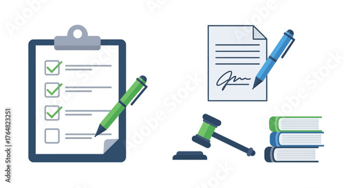 Legal Documents, Gavel, and Checklist with Pens.