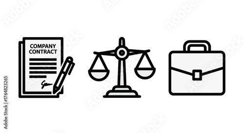 Legal Icons - Contract, Scales of Justice, and Briefcase in Black and White.