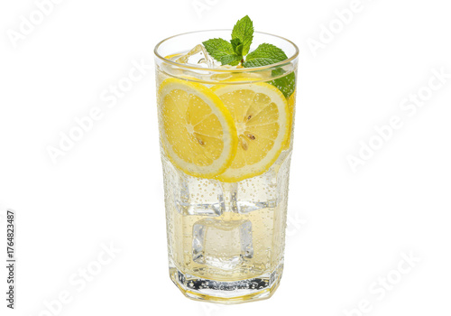 Refreshing lemon drink with ice and mint isolated on transparent background, summer beverage for refreshment and healthy lifestyle