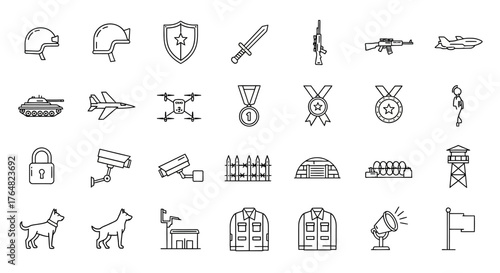 Military and Security Icons - Helmet, Shield, Sword, Tank, Drone, Medals, Surveillance, Dog, and More.