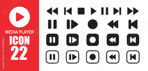 22 Media Player Icons Set.  Essential Playback and Navigation Controls. Vector illustration eps 10