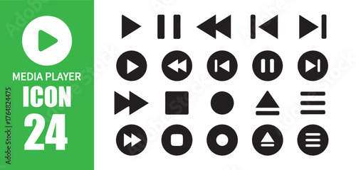 24 Media Player Control Icons Collection. Play and pause buttons,video audio player, player button set icon symbol. Vector Illustration Eps 10