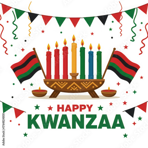 Celebrate happy kwanzaa with kinara candles and african flags vector illustration design holiday season on transparent background