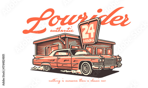 Retro illustration of a classic lowrider car. Authentic automotive artwork for t shirt print, poster